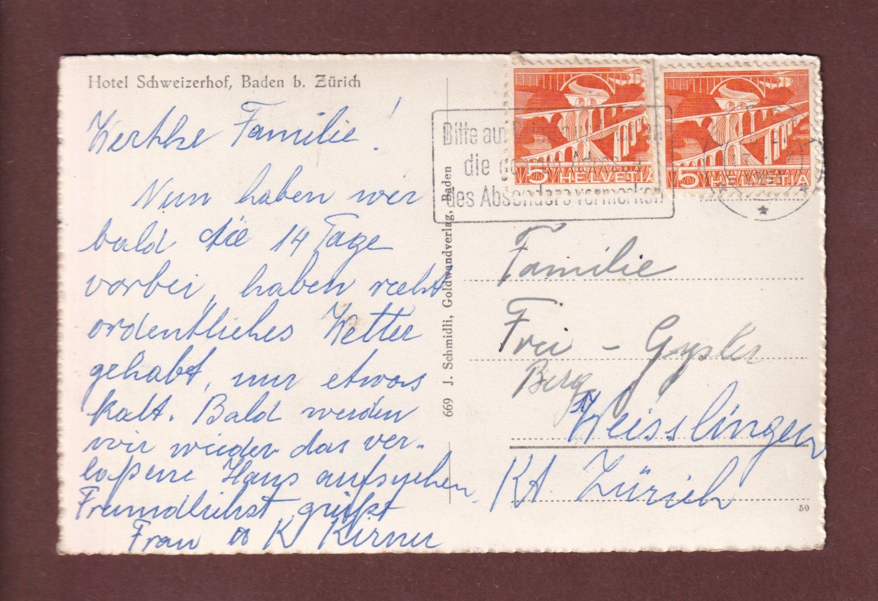 Cartoline postali: BADEN - Hotel Schweizerhof - 1951 – Usato da Pully venduto da nicecards-shop 1
