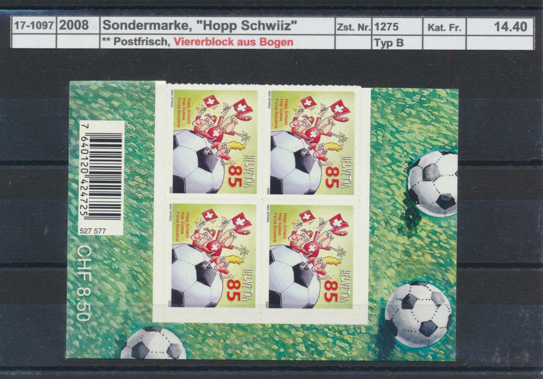 Tutti i francobolli: 2008 "Hopp Schwiiz", Viererblock aus Bogen, ** postfrisch – Nuovo (secondo la descrizione) da Winterthur venduto da Zupogeru