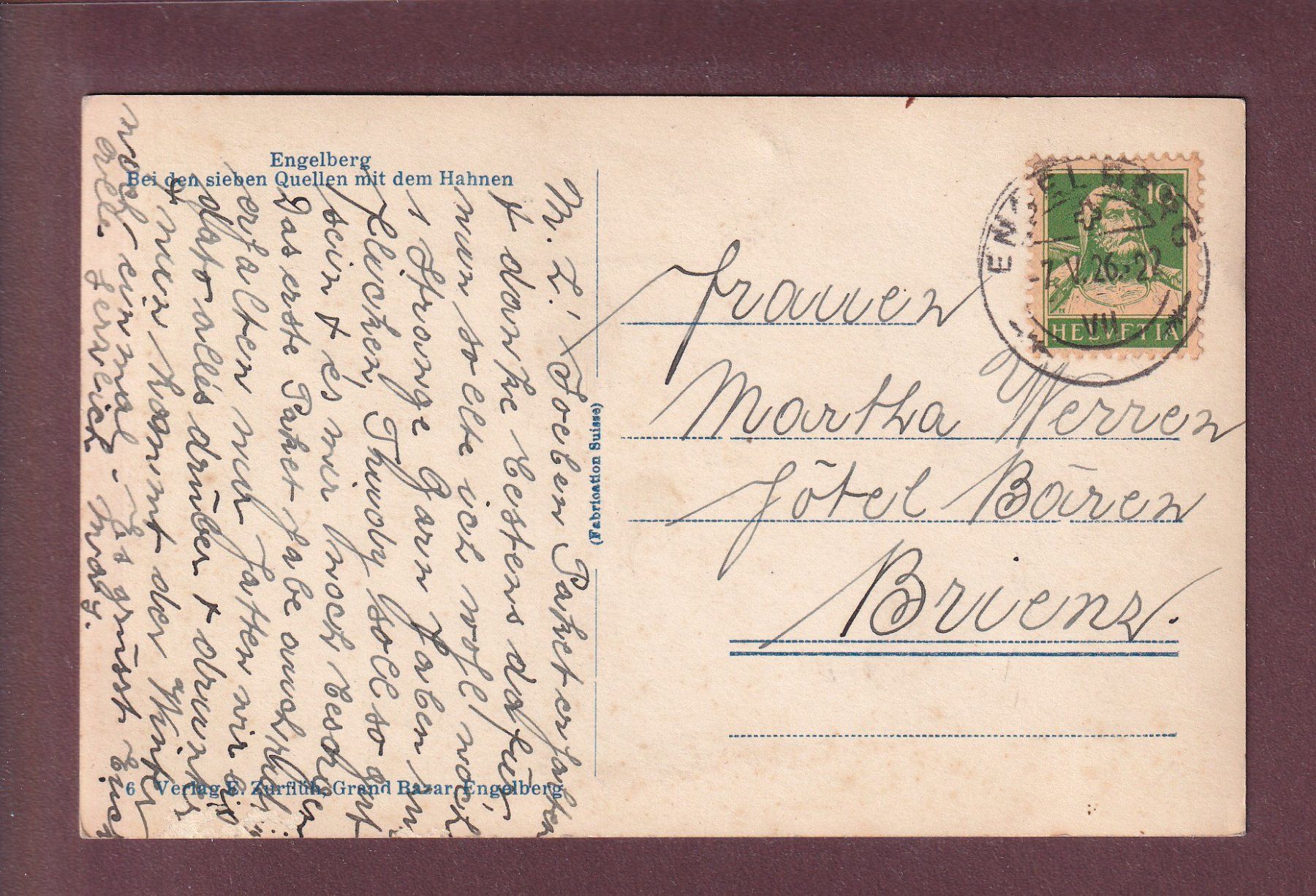Ansichtskarten: Engelberg - Bei den sieben Quellen - Hahnen - 1926 – Gebraucht aus Pully von nicecards 1