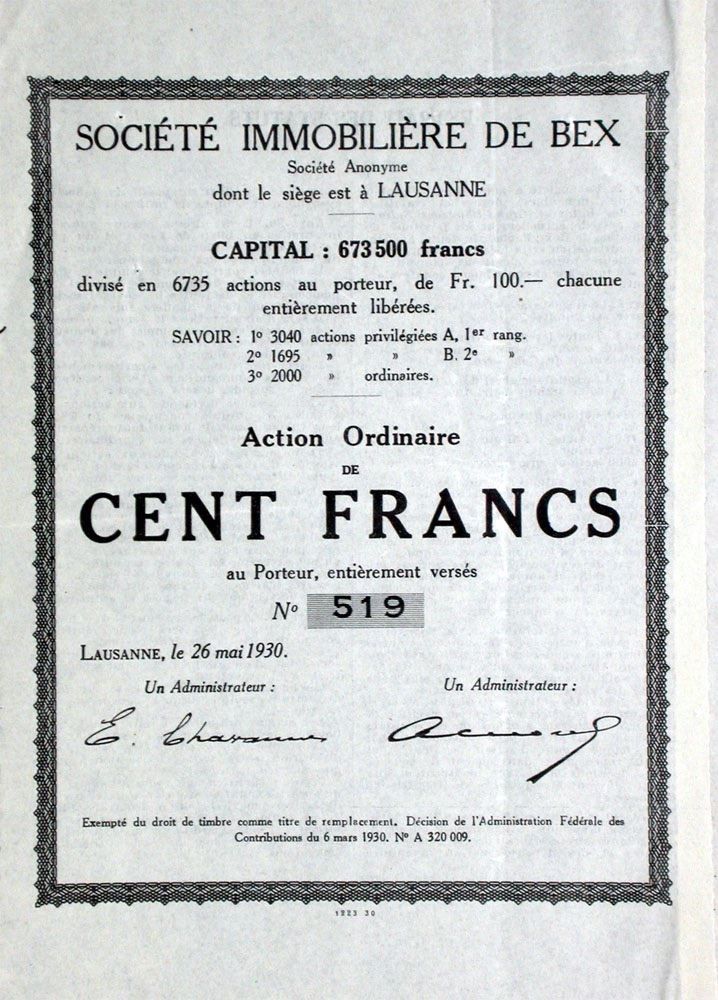 Documenti: Société Immobilière de Bex SA - 1930 – Usato da Solothurn venduto da Sgasche