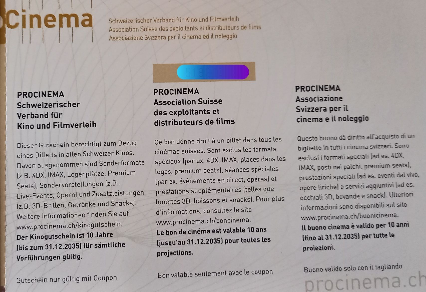 Buoni: 2 ProCinema Kinogutscheine   – Nuovo e nell'imballaggio originale da Walenstadt venduto da fuchs1980 1