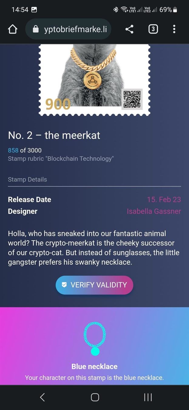 Tutti i francobolli: FDC Crypto-Stamp Nr.2, The Meerkat, Türkise – Usato da Rickenbach SO venduto da Bytebull 4