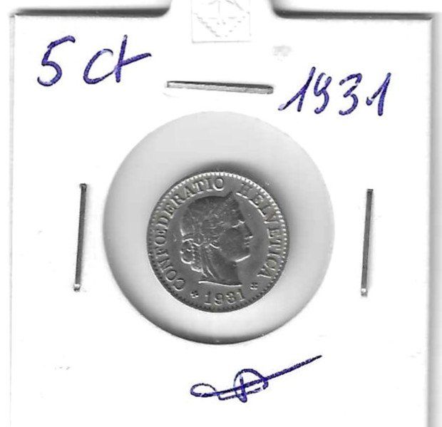 Tutti le monete: Monnaie Suisse: 0.05 Fr 1931 – Usato da Muraz (Collombey) venduto da Resine