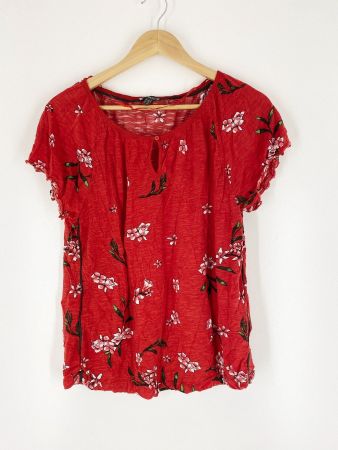 T-Shirt, Crinklestoff, rot mit Blumenprint, Grösse 38