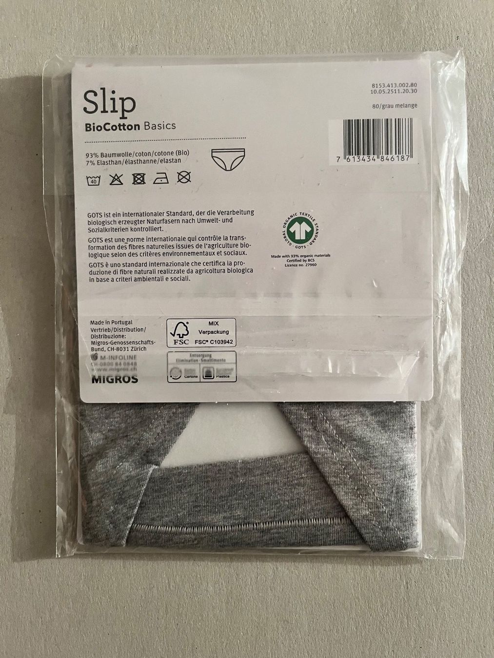 Migros Sonstige Unterwäsche: MIGROS, Slip Bio Cotton Basic, Grösse S  (Farbe Grau) – Neu und originalverpackt aus Rudolfstetten von gst_g7xl 1