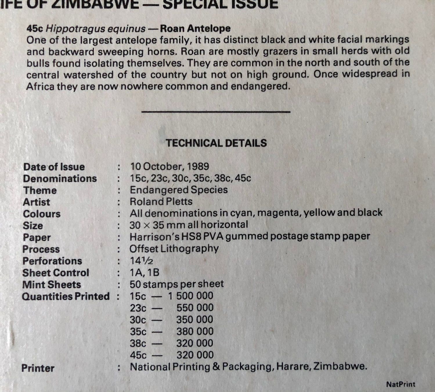 Tutti i francobolli: Briefmarken Simbabwe / Zimbawe 1989 – Usato da Röschenz venduto da Sharjah 5