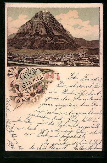 Cartes postales: Litho Glarus, Gesamtansicht mit Berg, Al – D'occasion à Berlin par bartko-reher