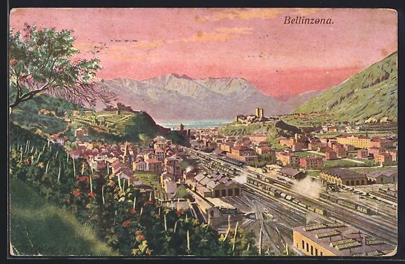 Cartoline postali: AK Bellinzona, Ortsansicht mit Bahnhof – Usato da Berlin venduto da bartko-reher