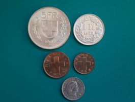 Schweizer Münzen Jahrgang 1966 (5-,1-Franken, 5-, 2-, 1- Rp)