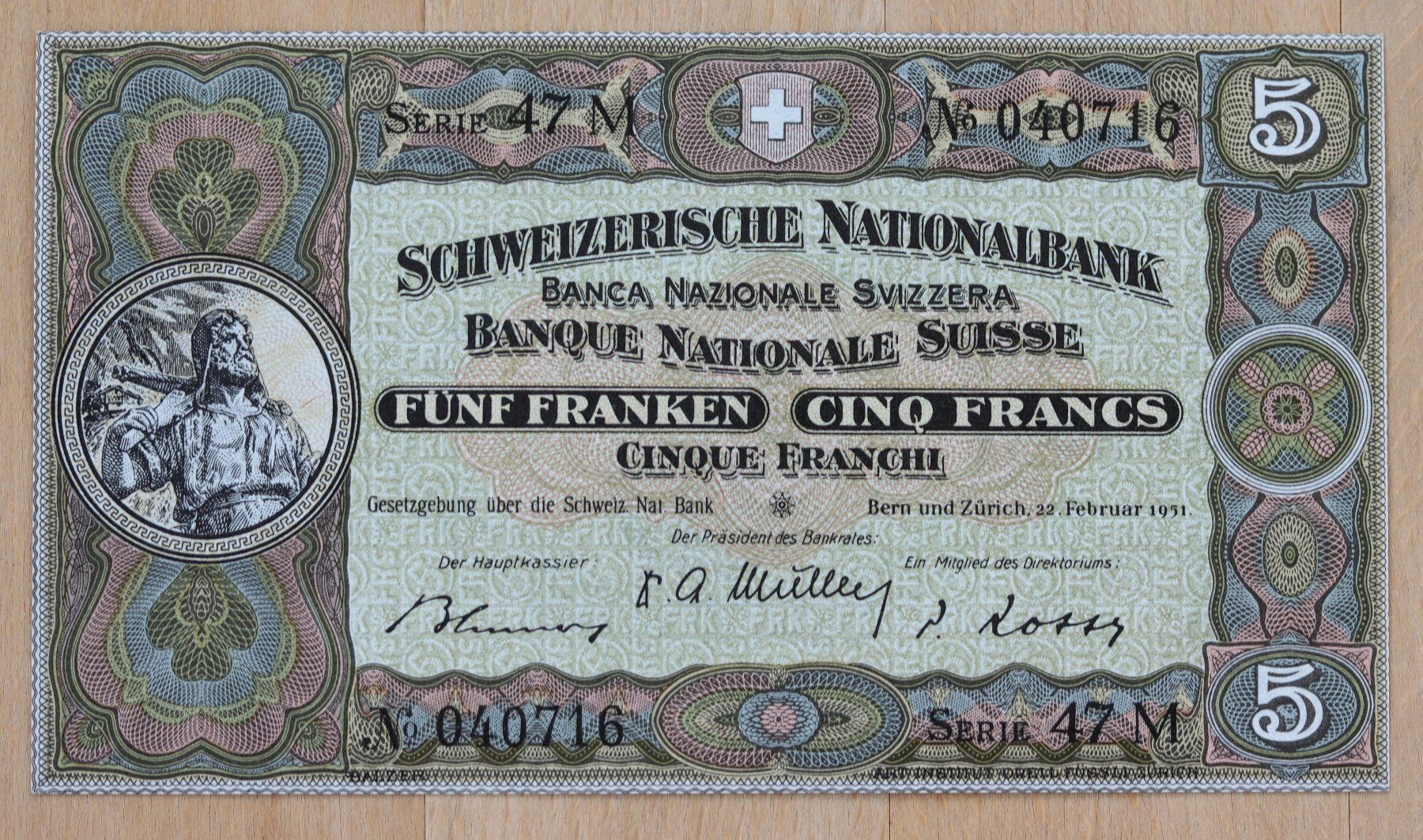 Banconote: 5 Franken Note Wilhelm Tell 1951 – Usato da Rheinfelden venduto da Fitscherella
