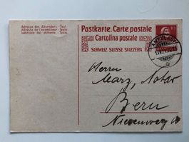 antike Postkarte, 1921, Tell rot 10 Rp, Bahnpoststempel!