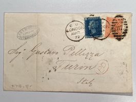Grossbritannien 1872, 2d blue & 4d, London nach Torino, top!