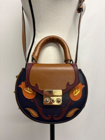 Salar Milano Umhängetasche mit Blumenmuster Leder Boho blau