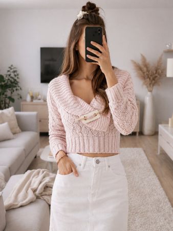 Rosa Crop Strickjacke mit Zopfmuster – Feminin & Elegant