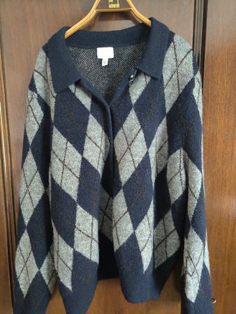 Strickjacke Dunkelblau Rautenmuster, XL