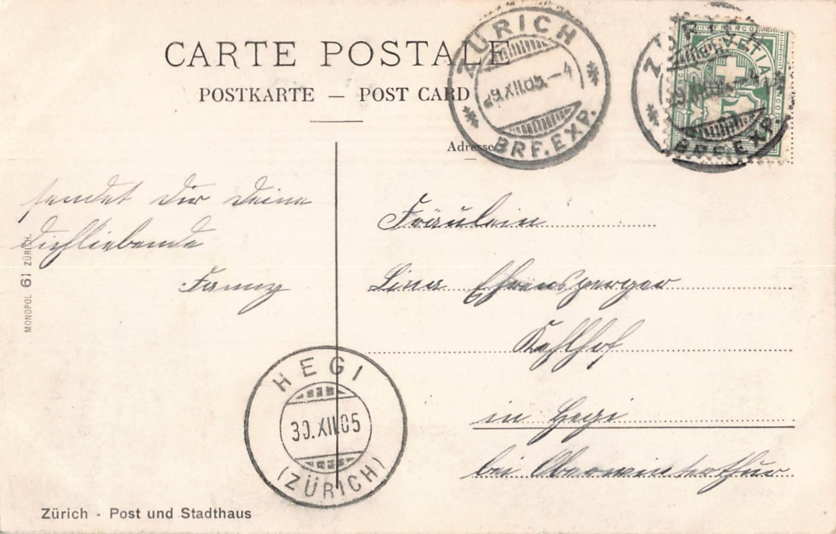 Ansichtskarten: Gruss aus ZÜRICH POST, STADTHAUS 1905 - uralter Ansichtskart – Gebraucht aus Winterthur von SchatzchischtliWinti 1
