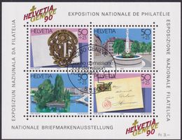 1990, W72 (HELVETIA GENEVE) 90-Block mit Ersttags-Stempel.