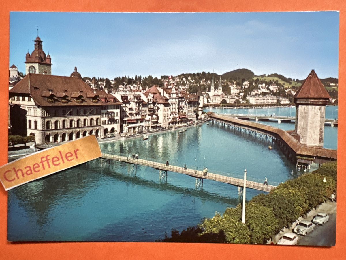 Cartoline postali: Luzern, Rathaus, Kapellbrüvke, Wasserturm  – Usato da Zürich venduto da Chaeffeler