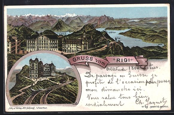 Cartoline postali: Litho Rigi, Hotel mit Bahn, Vierwaldst – Usato da Berlin venduto da bartko-reher