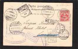 10 Stempel auf AK Vevey - London , gel. 17.Vl.1903