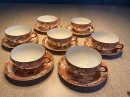6 edle antike japanische Teetassen mit Untertellern Set