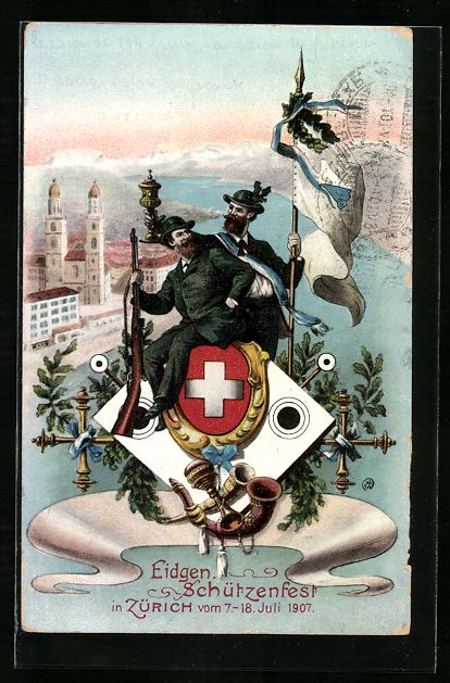 Cartoline postali: Zürich, Eidgen. Schützenfest 1907, Ort – Usato da Berlin venduto da bartko-reher