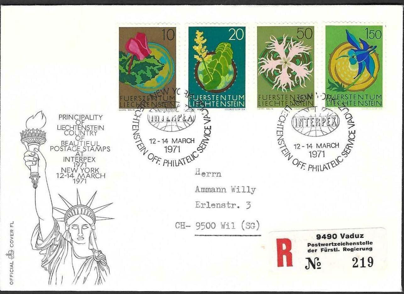Tutti i francobolli: Brief eingeschrieben / FDC: Blumen aus Liechtenstein 1971 – Usato da Baar venduto da W47