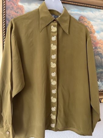 Vintage Seidenbluse Olivgrün Gereinigt Top GrM (K6ID104