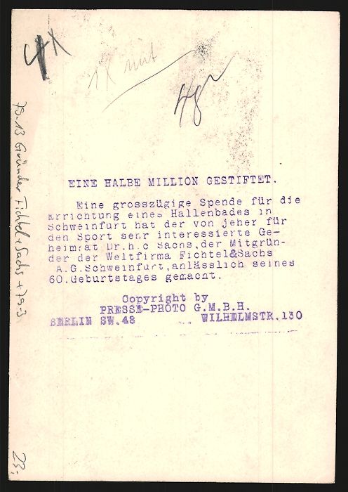 Fotografie & Manifesti: Fotografie Schweinfurt, Dr. h. c. Sachs, – Usato da Berlin venduto da bartko-reher 1