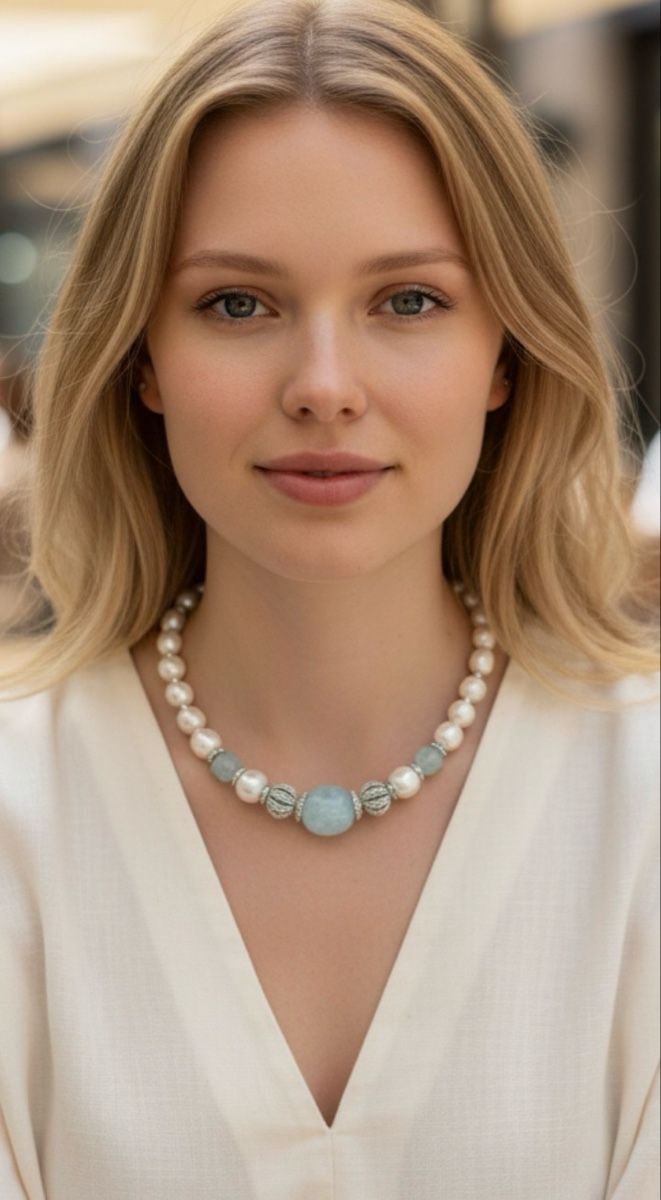 Catenine: Choker mit echten Perlen und Aquamarin – Nuovo e nell'imballaggio originale da Kriens venduto da Hortensie6 1
