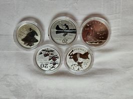 5 Silber Gedenkmünzen 9999 Canada, gekapselt