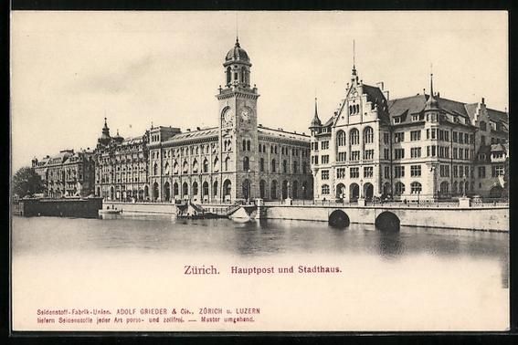 Cartoline postali: AK Zürich, Hauptpost und Stadthaus – Usato da Berlin venduto da bartko-reher