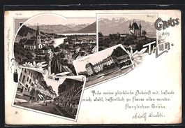 Litho Thun, Burg, Totalansicht, Hotel Th
