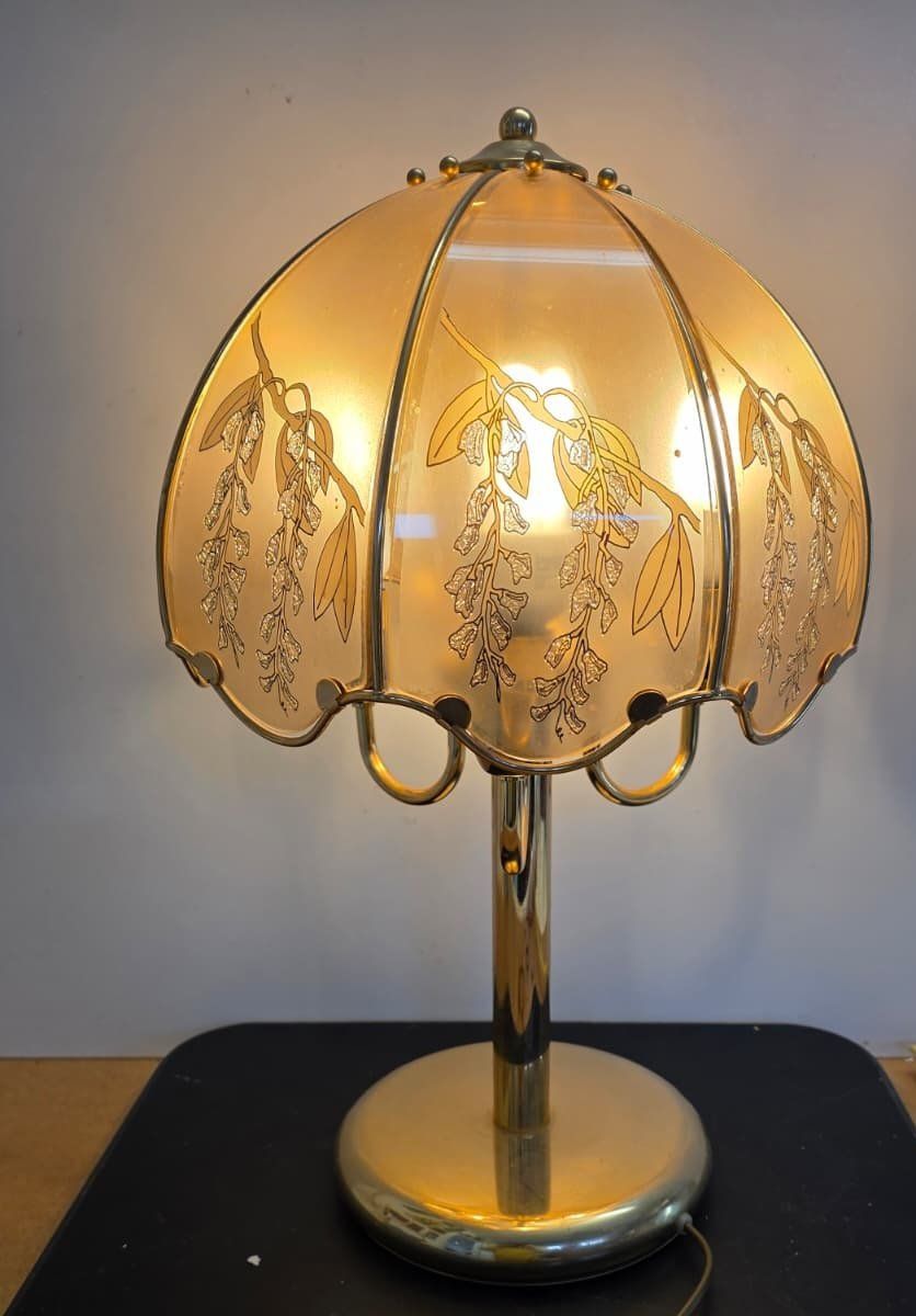 Lampade: Vintage Tischlampe Messing & Glas mit Blumenmuster – Usato da Flums venduto da Flumsantik 1