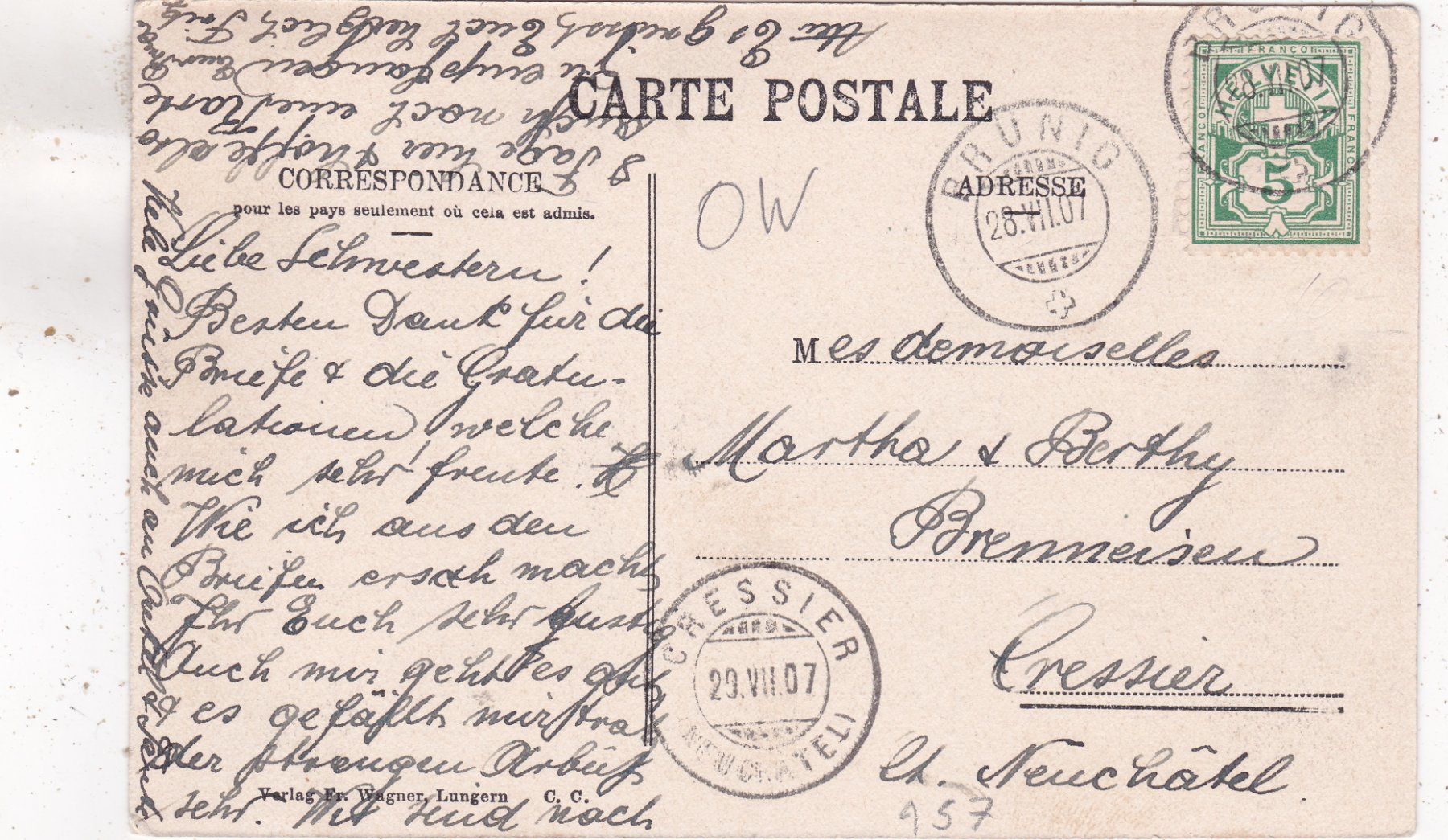 Cartes postales: Studie am Lungernsee 1907 – D'occasion à Herisau par Lisegrat2008 1