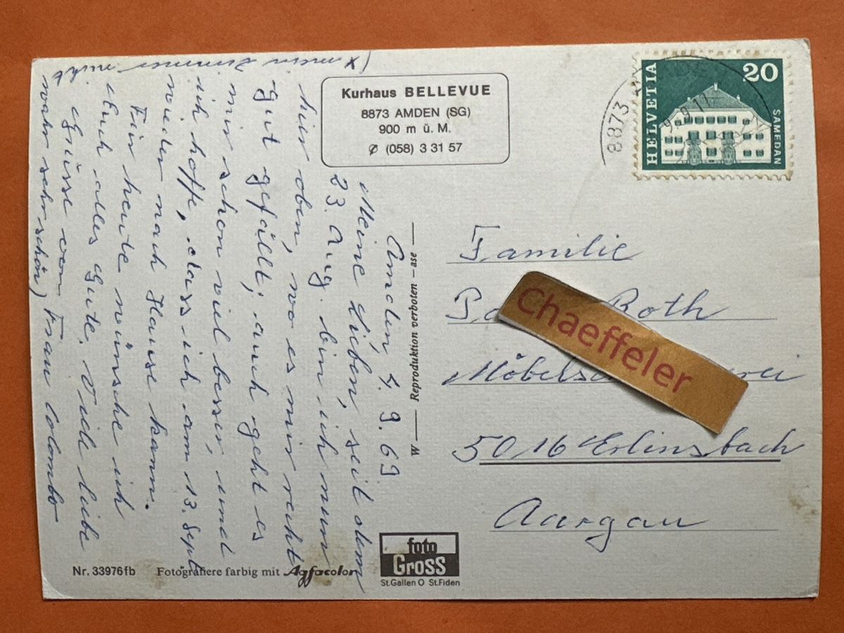 Cartoline postali:  1969 Kurhaus Bellevue, Amden.  – Usato da Zürich venduto da Chaeffeler 1