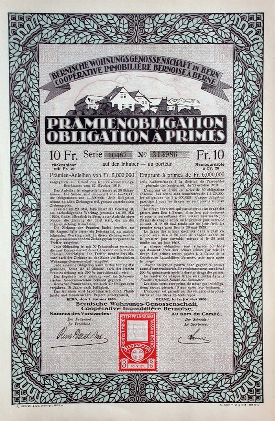 Documenti: Bernische Wohnungsgenossenschaft in Bern - 1920 – Usato da Solothurn venduto da Sgasche