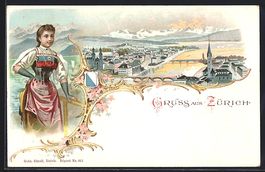 Litho Zürich, Frau in Tracht, Wappen Or