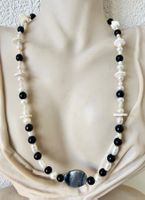Longkette Echtperlen Onyx Picasso Marmor 925 Silber 60cm Neu