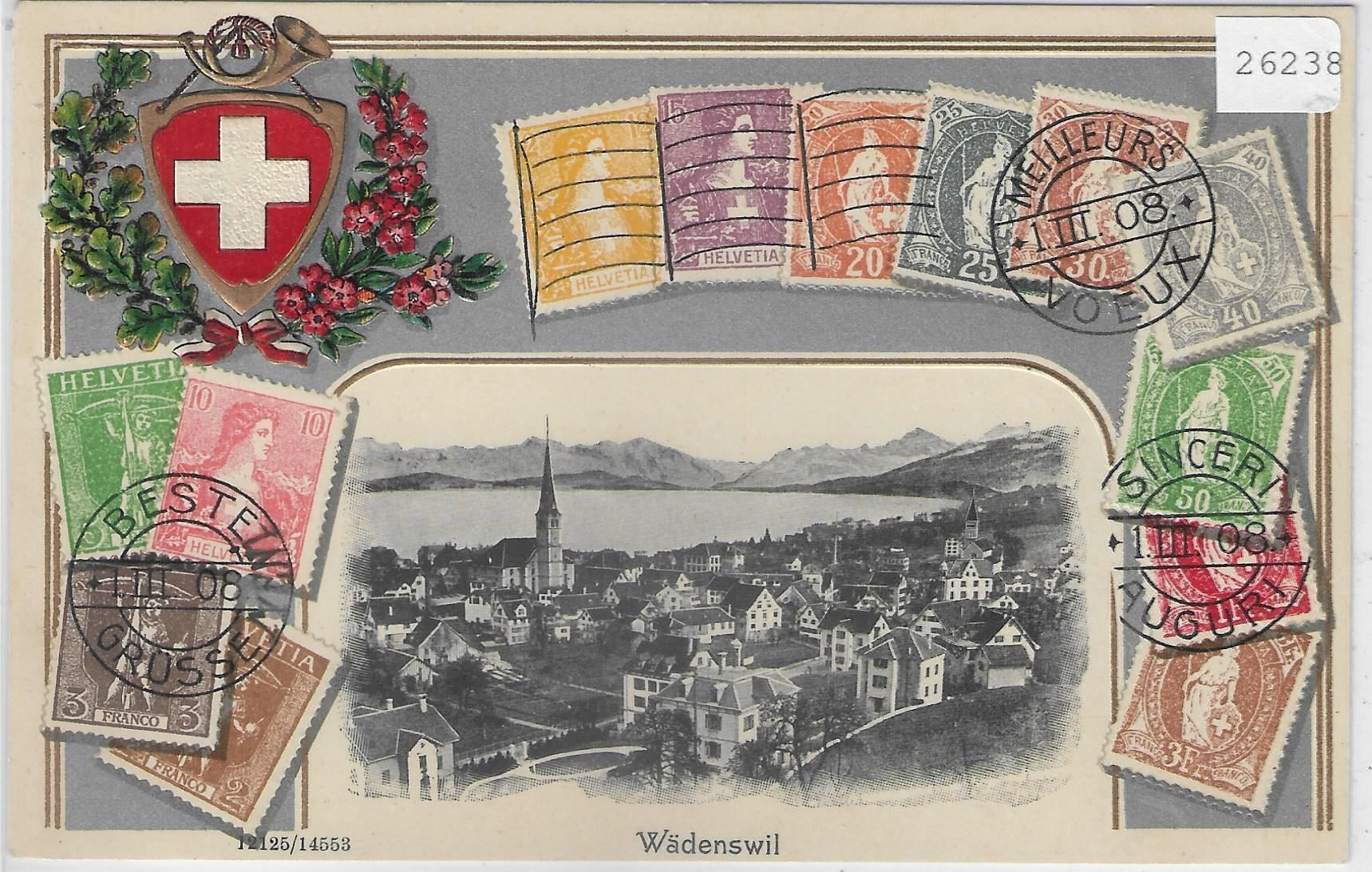 Cartoline postali: Wädenswil - Helvetia-Präge-Litho 1908 – Usato da Ettingen venduto da Kartenplanet