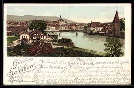 Lithographie Solothurn, Ortsansicht mit Fluss, Brücke und Ki