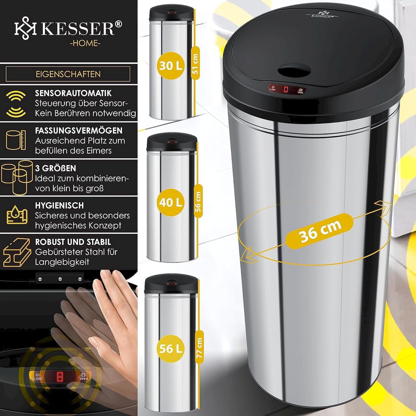 Hailo Cestini per rifiuti: Automatik Sensor Mülleimer 40L silber – Nuovo e nell'imballaggio originale da Bottighofen venduto da zaap 7