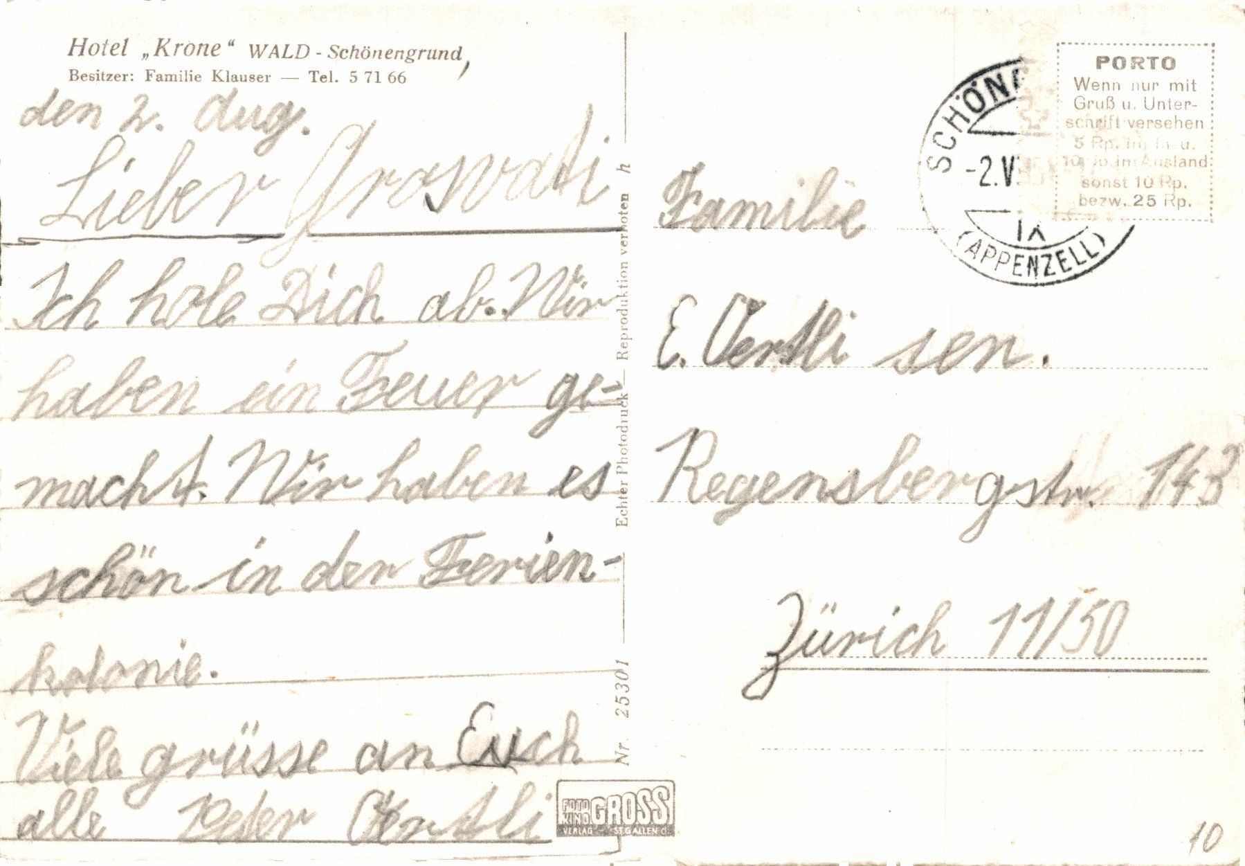 Cartoline postali: Hotel "Krone", Wald - Schönengrund – Usato da Bronschhofen venduto da Astore 1