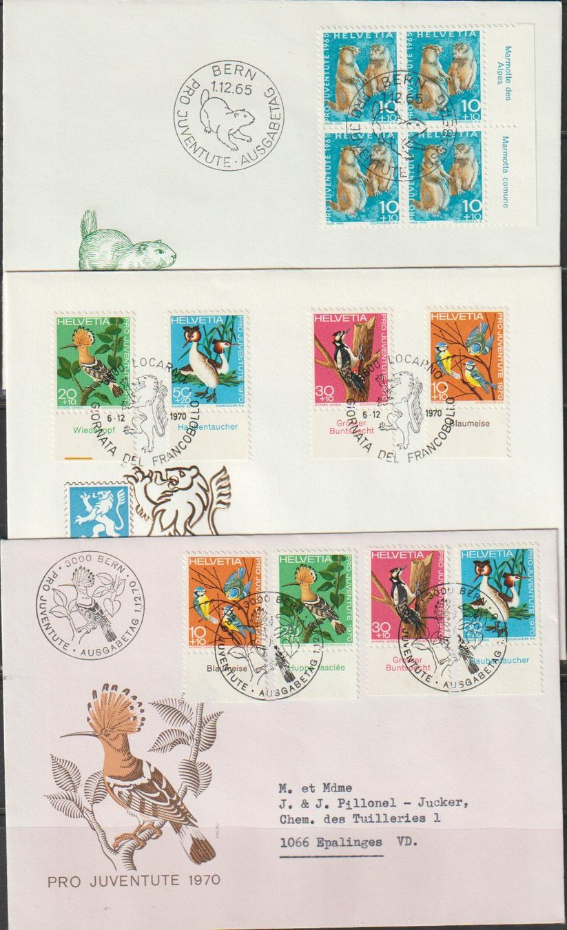 Alle Briefmarken: Pro Juventute 1965 et 1970 oiseaux marmottes – Gebraucht aus Crans-Montana von kira56