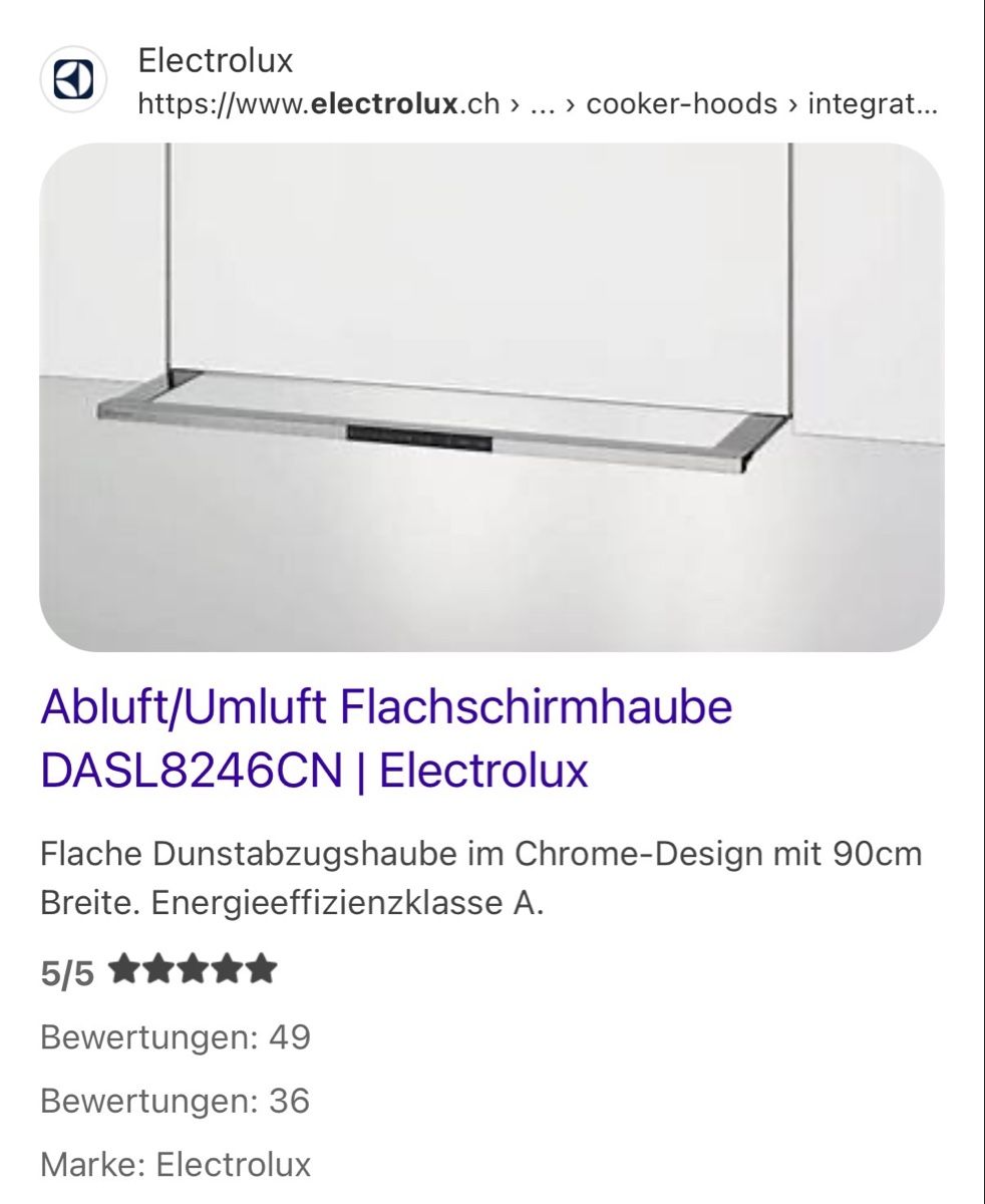 Electrolux Cappe di aspirazione: Electrolux Flachschirmabzugshaube /A/Chrom/82.5/Umluft – Nuovo (secondo la descrizione) da Luzern venduto da Campagna
