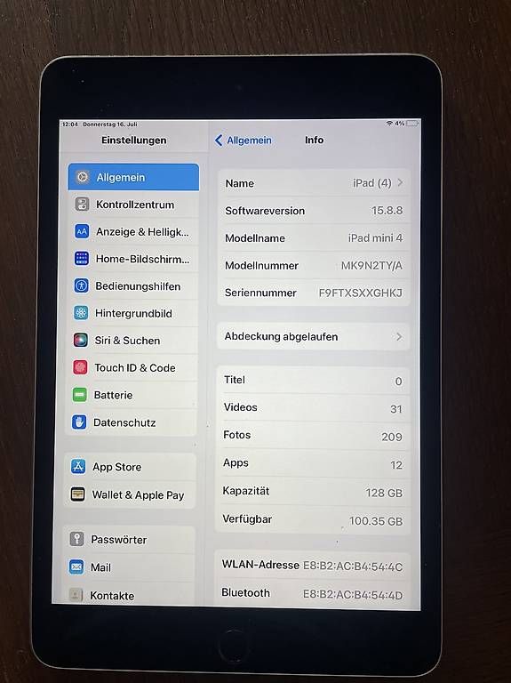 Apple Tablet PC: Ipad mini 4 128GB ohne Zubehör – Gebraucht aus Bärau von JeJeG