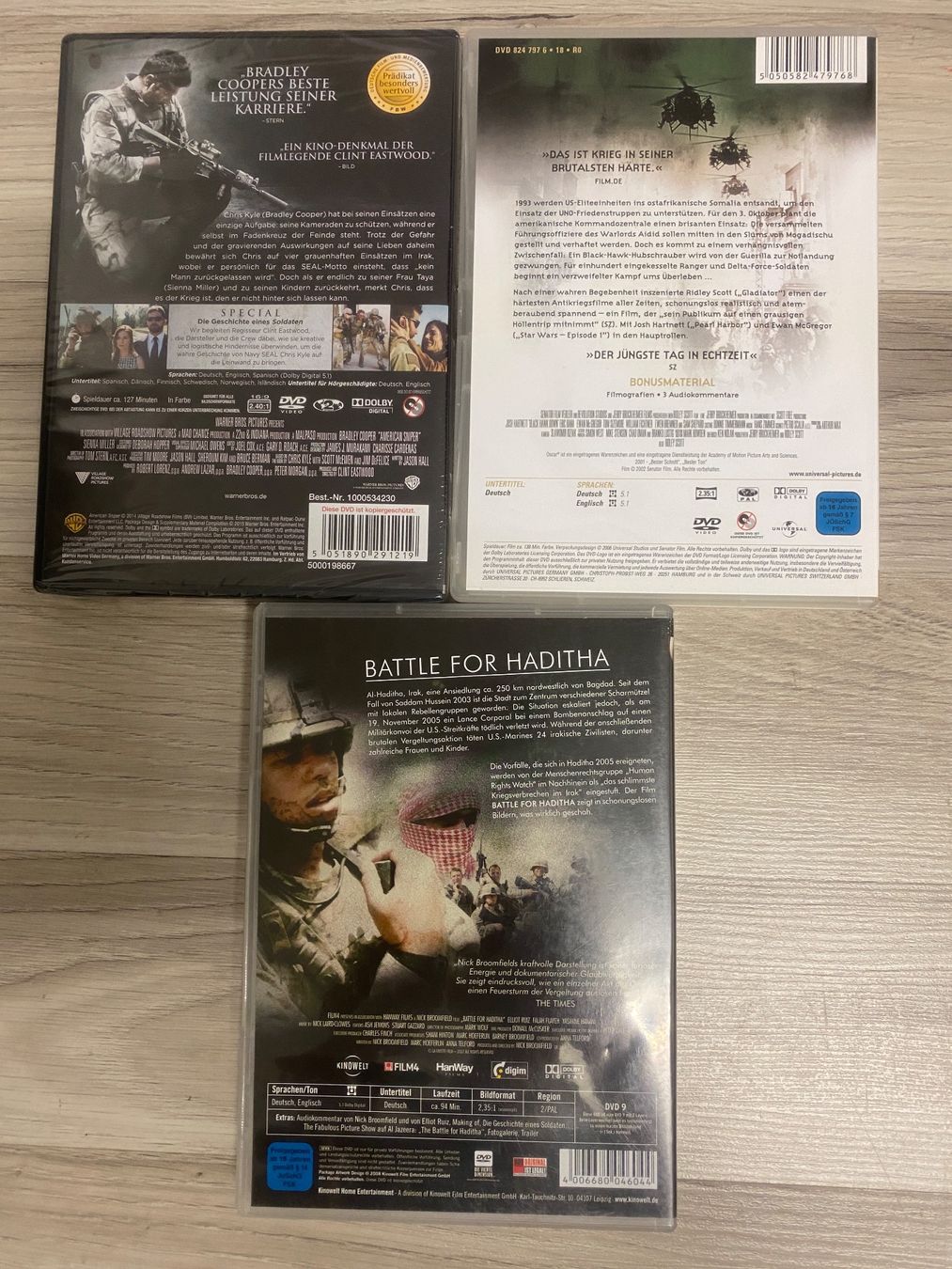 Tutti i DVDs: 3er DVD-Set: American Sniper(NEU), Black Hawk Down, Haditha – Usato da Zürich venduto da Kloeschen78 1