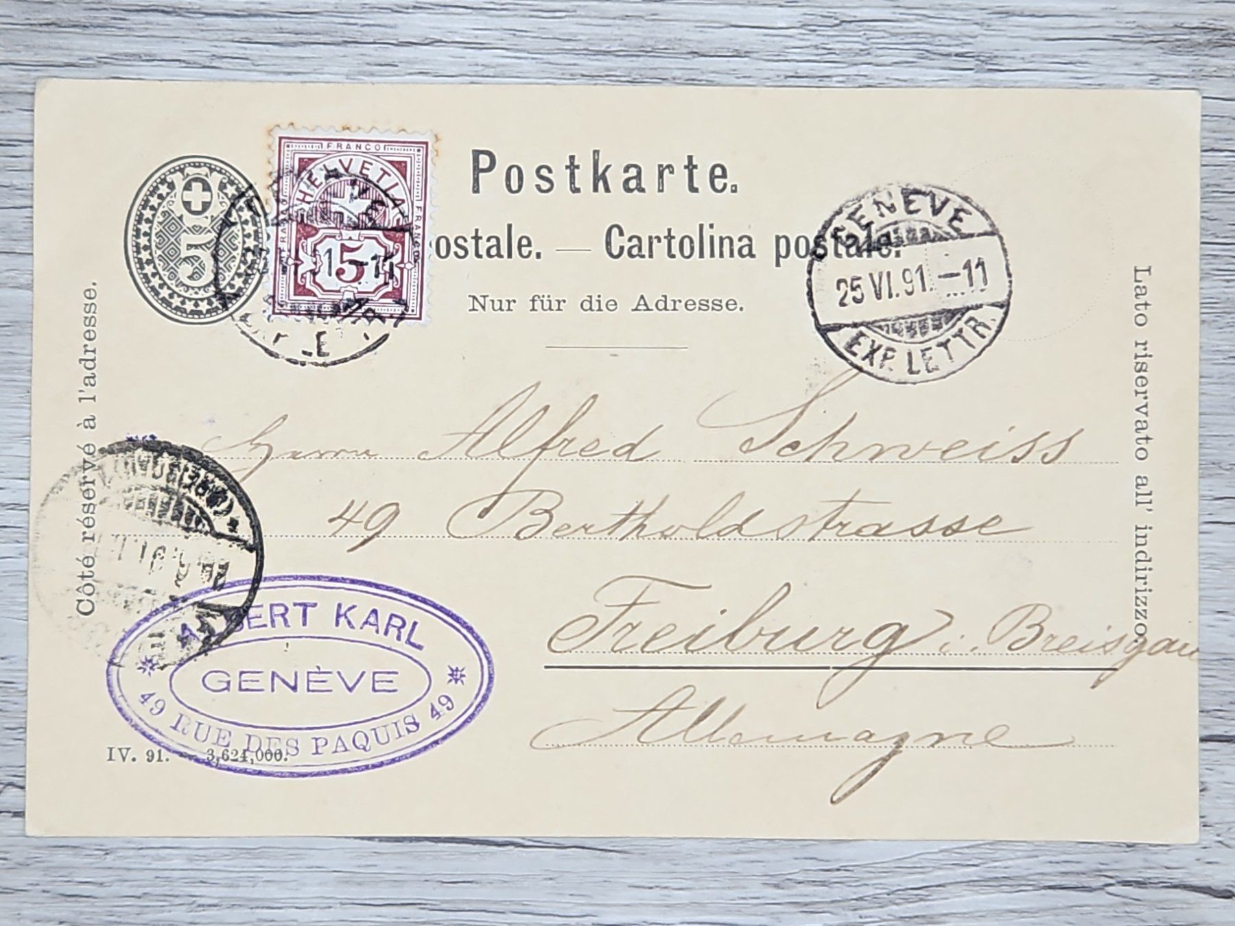 Tutti i francobolli: CL16 Carte Postale + Timbre Suisse 1891 – Usato da Cousset venduto da Patrick_Collections