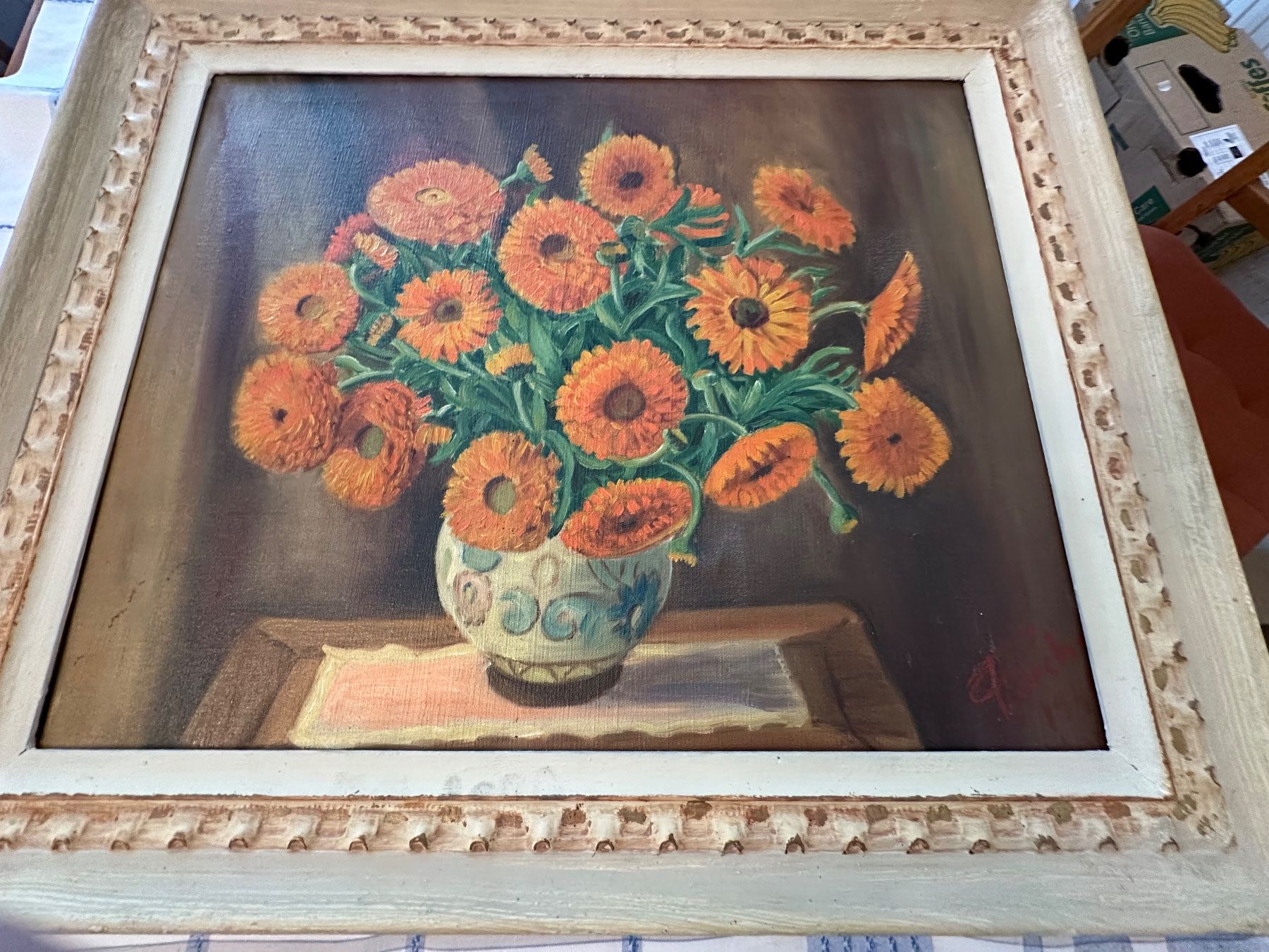 Dipinti: Tableau ancien, nature morte, fleurs oranges, vintage. – Usato da Lausanne venduto da artnouveau04