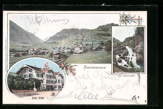 Cartoline postali: Zweisimmen, Hotel Krone, Der Simmenfall, – Usato da Berlin venduto da bartko-reher